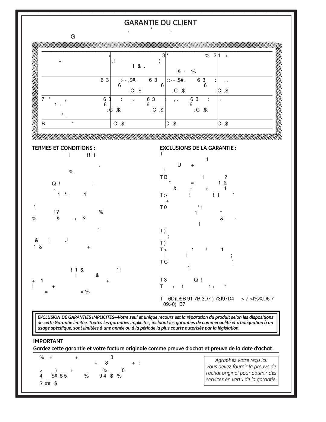 GE 225D1804P001 installation instructions Termes ET Conditions, Exclusions DE LA Garantie 