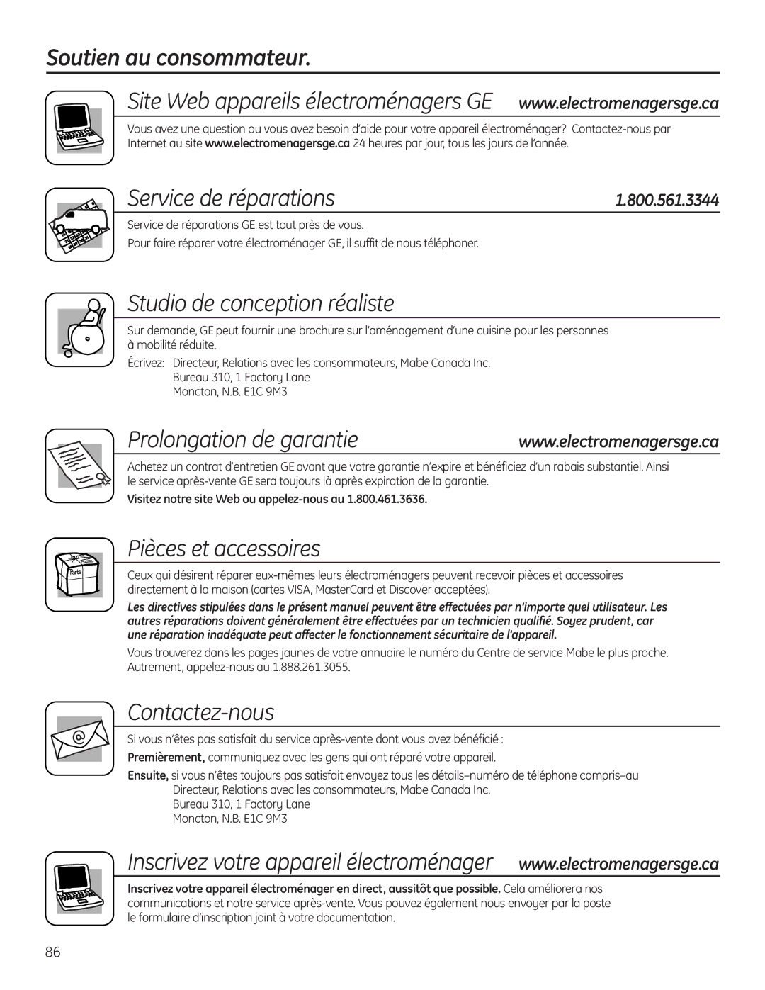 GE 225D1804P001 installation instructions Soutien au consommateur Service de réparations, Prolongation de garantie 