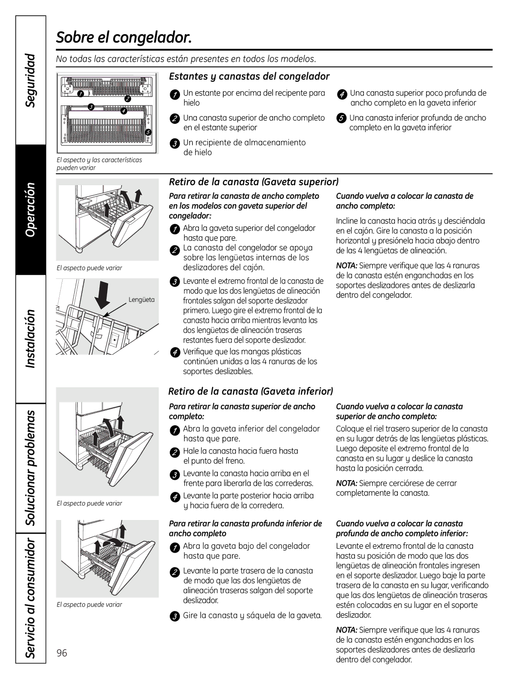 GE 225D1804P001 installation instructions Sobre el congelador, Estantes y canastas del congelador, Congelador 