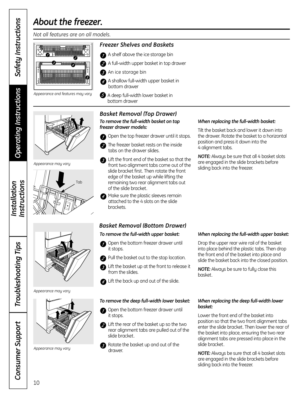 GE 225D1804P001 About the freezer, Instructions Safety Instructions, Operating, Troubleshooting Tips, Consumer Support 