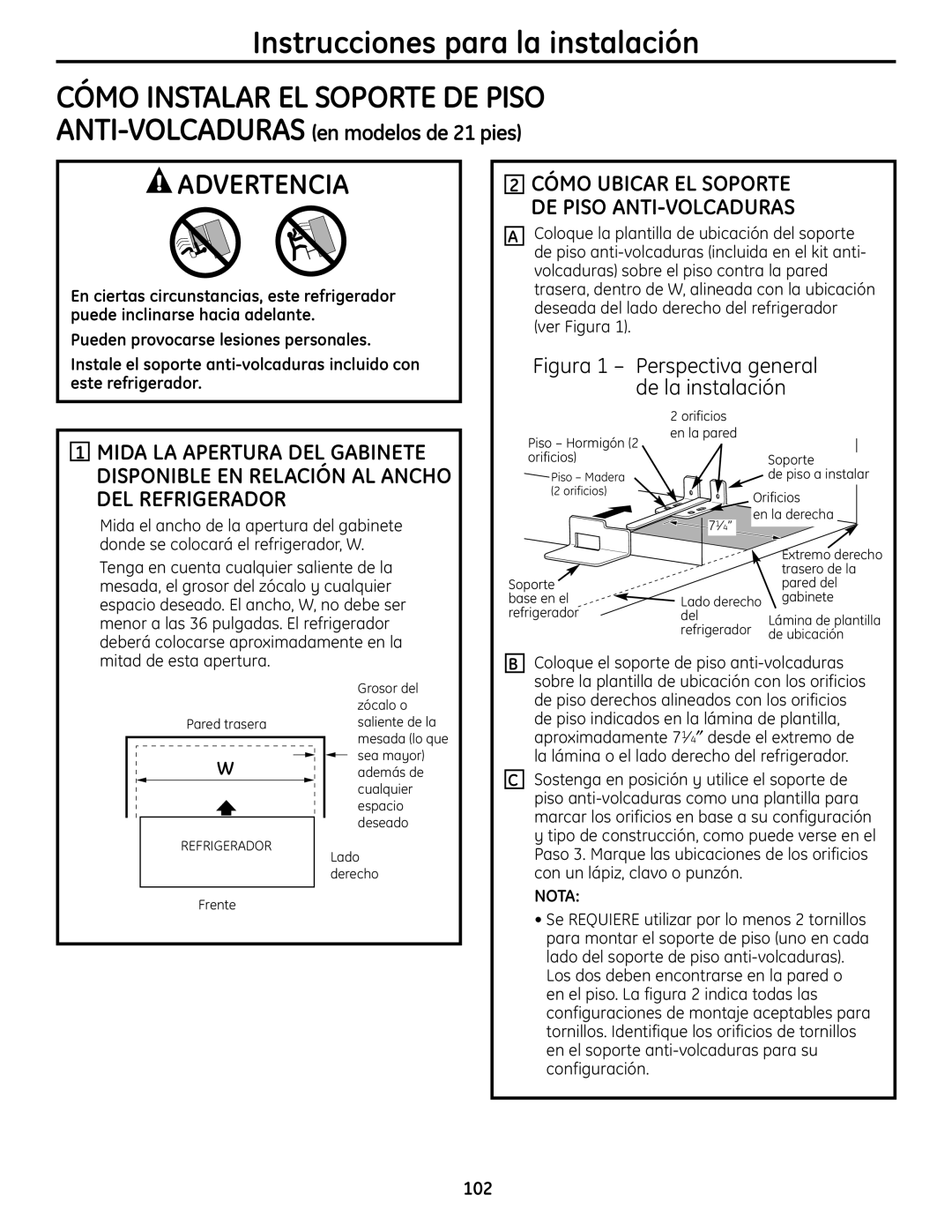 GE 225D1804P001 Instrucciones para la instalación, Advertencia, Cómo Instalar El Soporte De Piso Anti-Volcaduras, Nota 