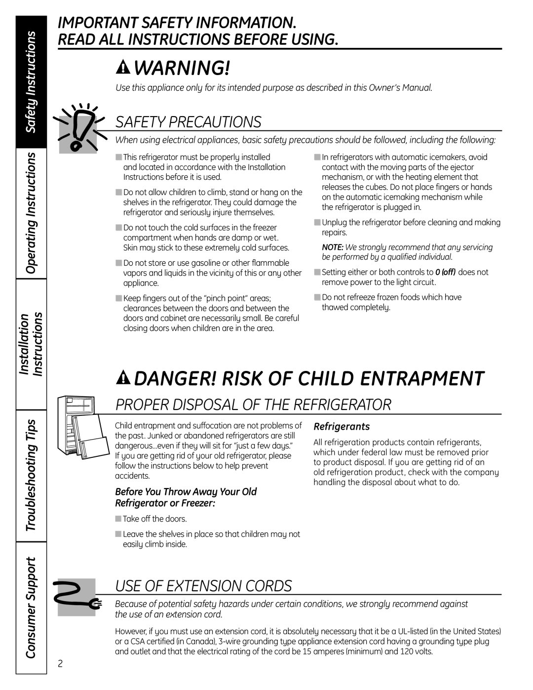 GE 225D1804P001 Danger! Risk Of Child Entrapment, Important Safety Information Read All Instructions Before Using 