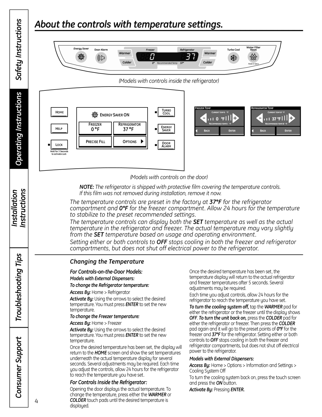 GE 225D1804P001 About the controls with temperature settings, Safety Instructions, Tips, Operating Instructions 