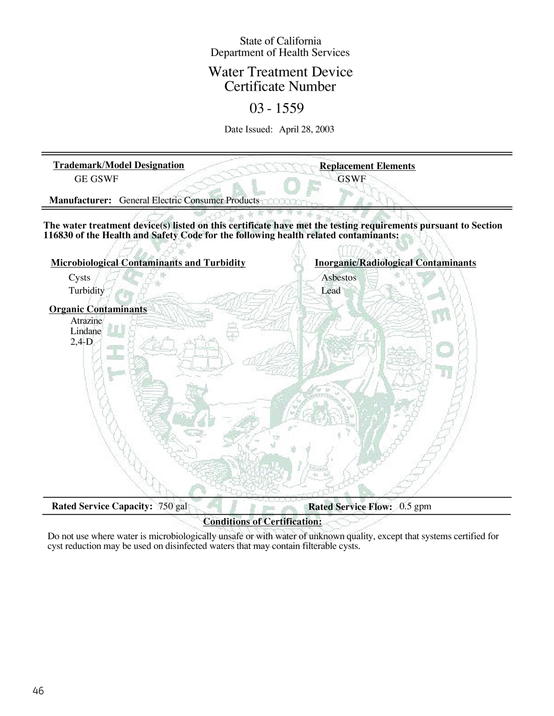 GE 225D1804P001 Water Treatment Device, Certificate Number, State of California, Department of Health Services 