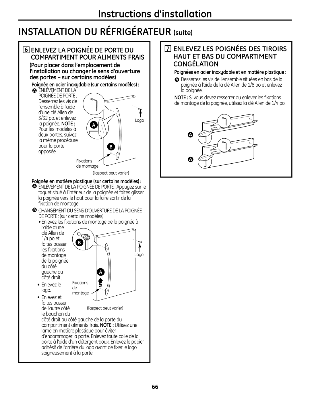 GE 225D1804P001 installation instructions Instructions d’installation INSTALLATION DU RÉFRIGÉRATEUR suite 