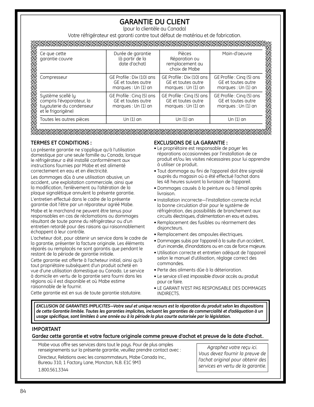 GE 225D1804P001 Garantie Du Client, Termes Et Conditions, Exclusions De La Garantie, pour la clientèle au Canada 