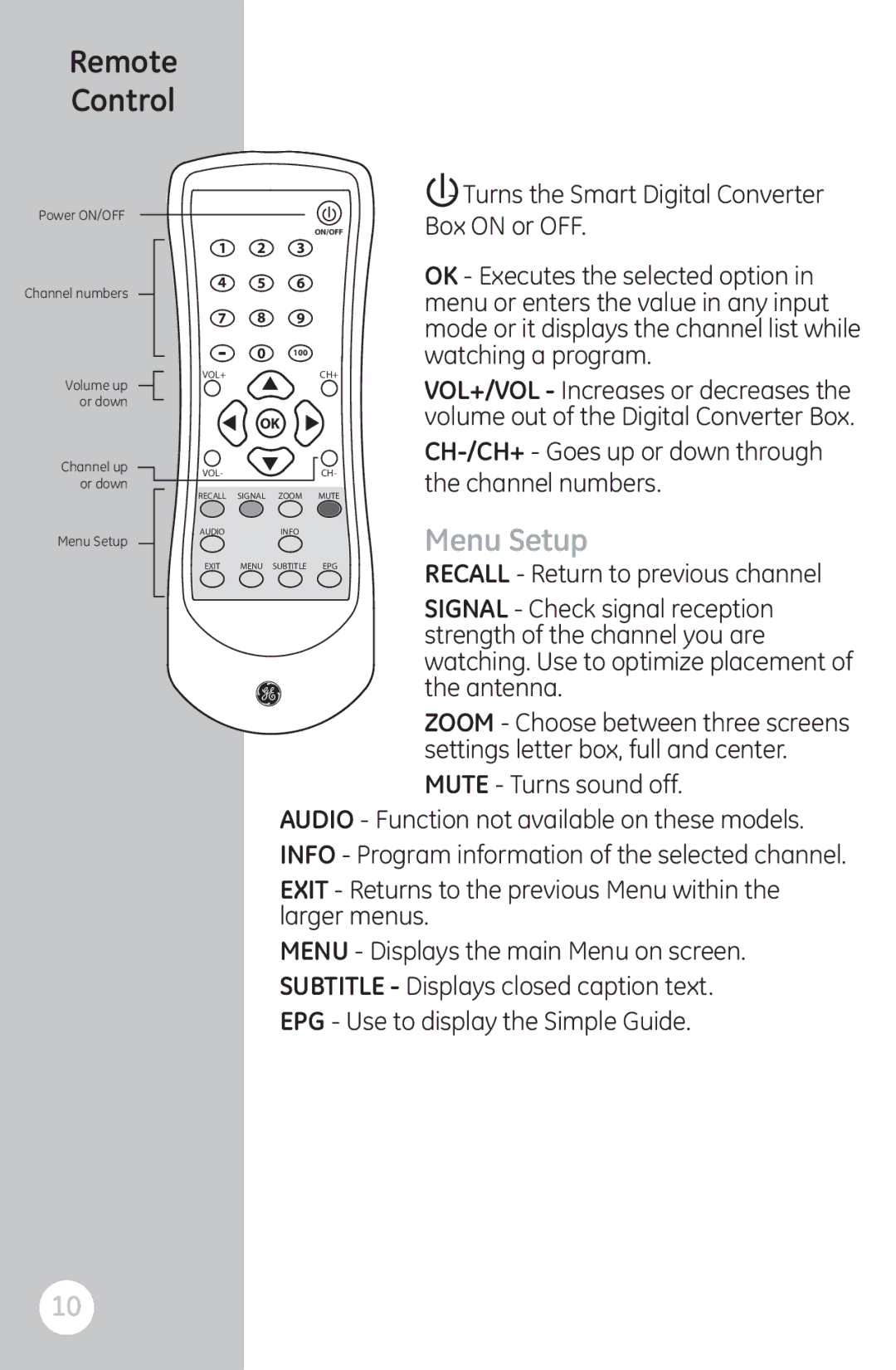 GE 22729 Turns the Smart Digital Converter Box on or OFF, CH-/CH+- Goes up or down through, Signal Check signal reception 