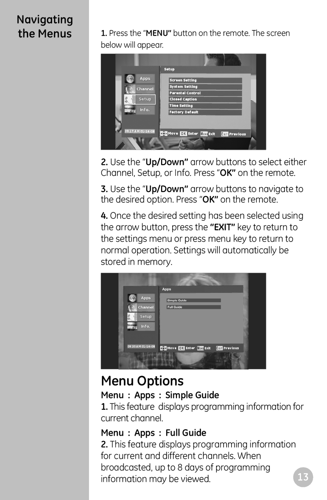 GE 22729 user manual Menu Options, Navigating, Menu Apps Simple Guide, Menu Apps Full Guide 