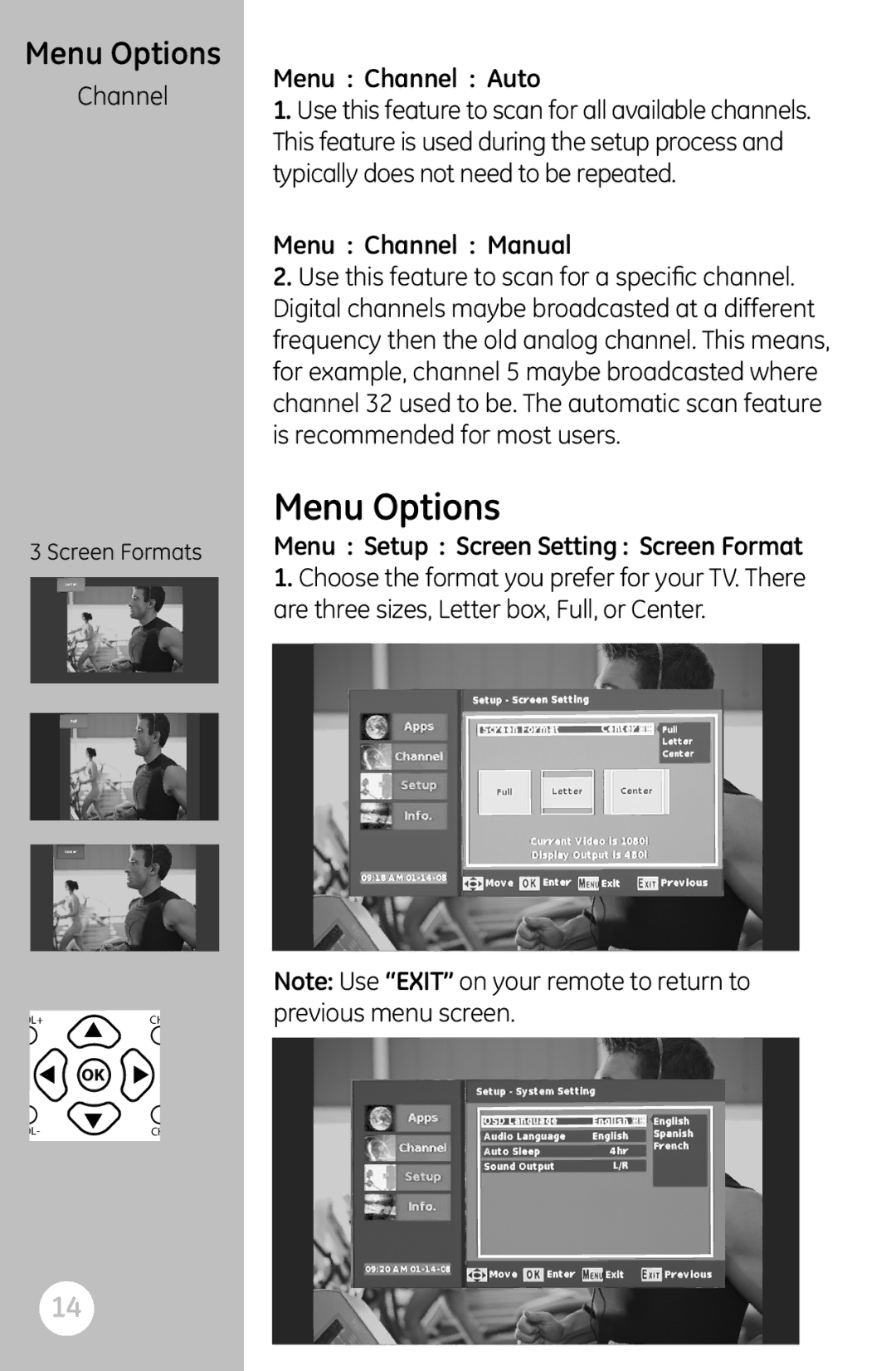 GE 22729 user manual Menu Options, Menu Channel Auto, Menu Channel Manual, Menu Setup Screen Setting Screen Format 