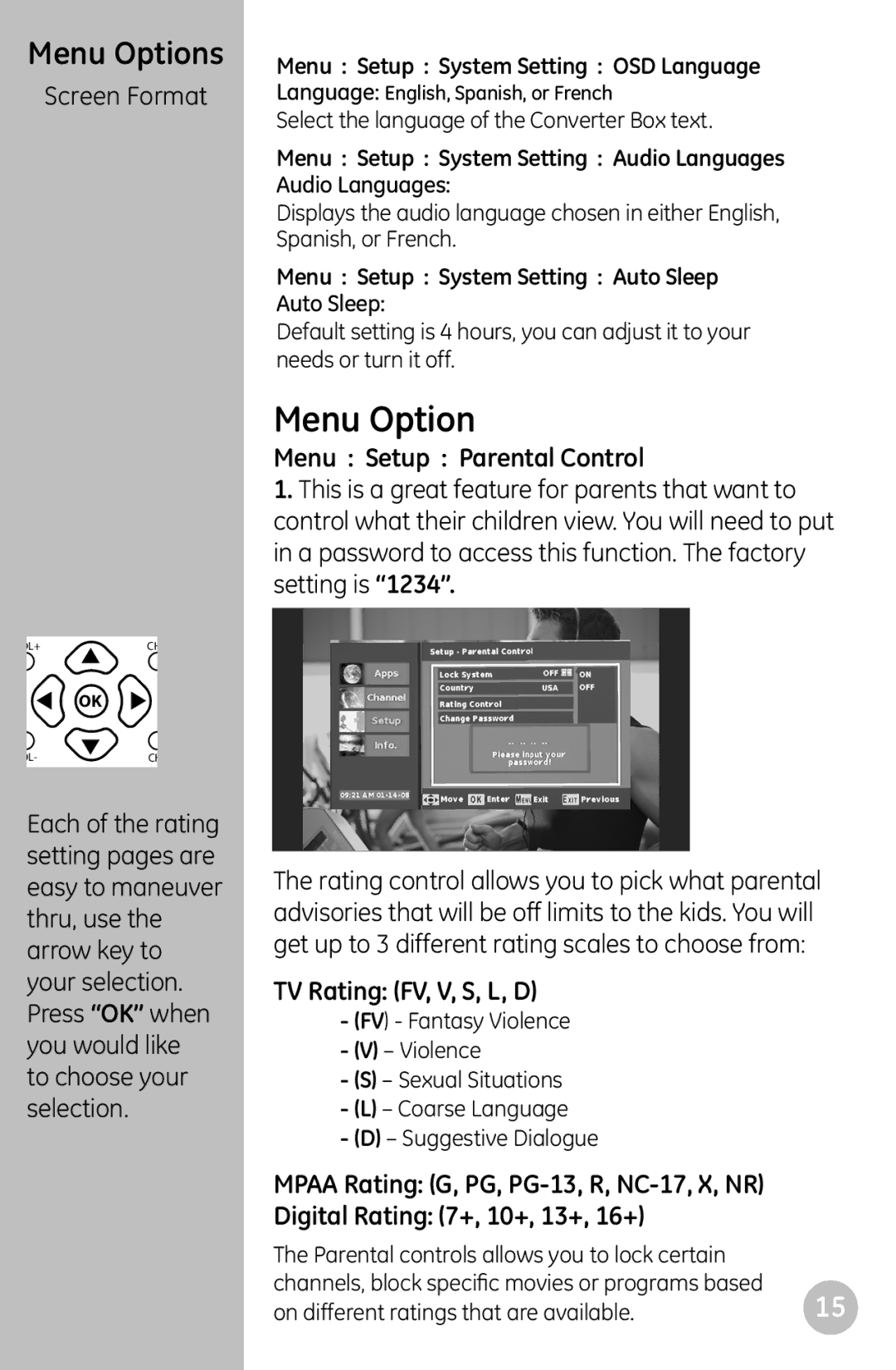 GE 22729 user manual Menu Option, Screen Format, Menu Setup Parental Control, TV Rating FV, V, S, L, D 