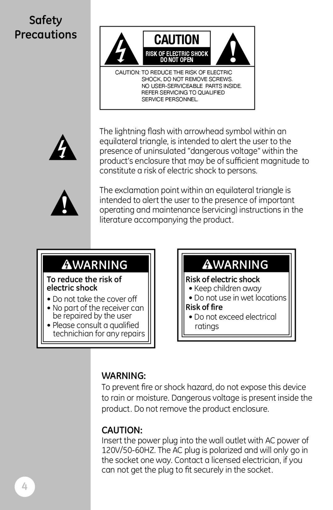 GE 22729 user manual Safety Precautions, Risk of Electric Shock Do not Open 