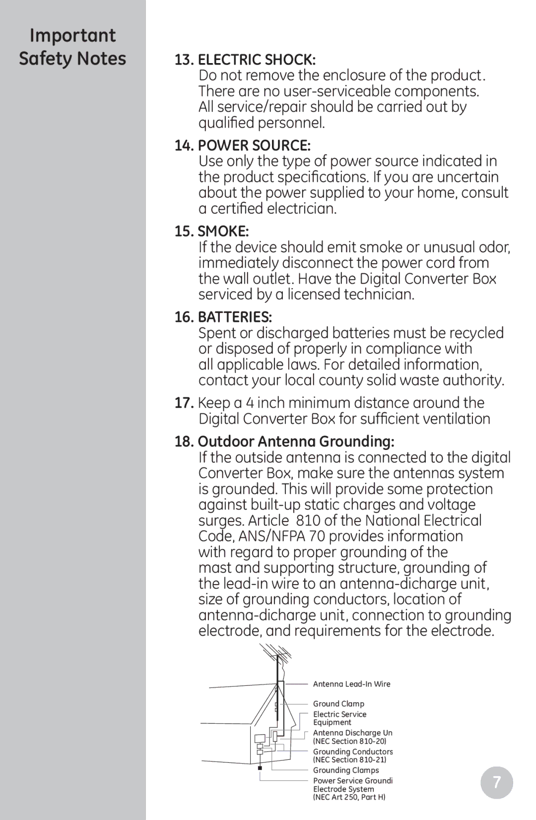 GE 22729 user manual Smoke, Outdoor Antenna Grounding 