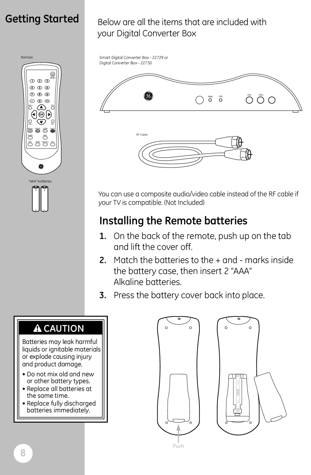 GE 22729 user manual Getting Started, Installing the Remote batteries 