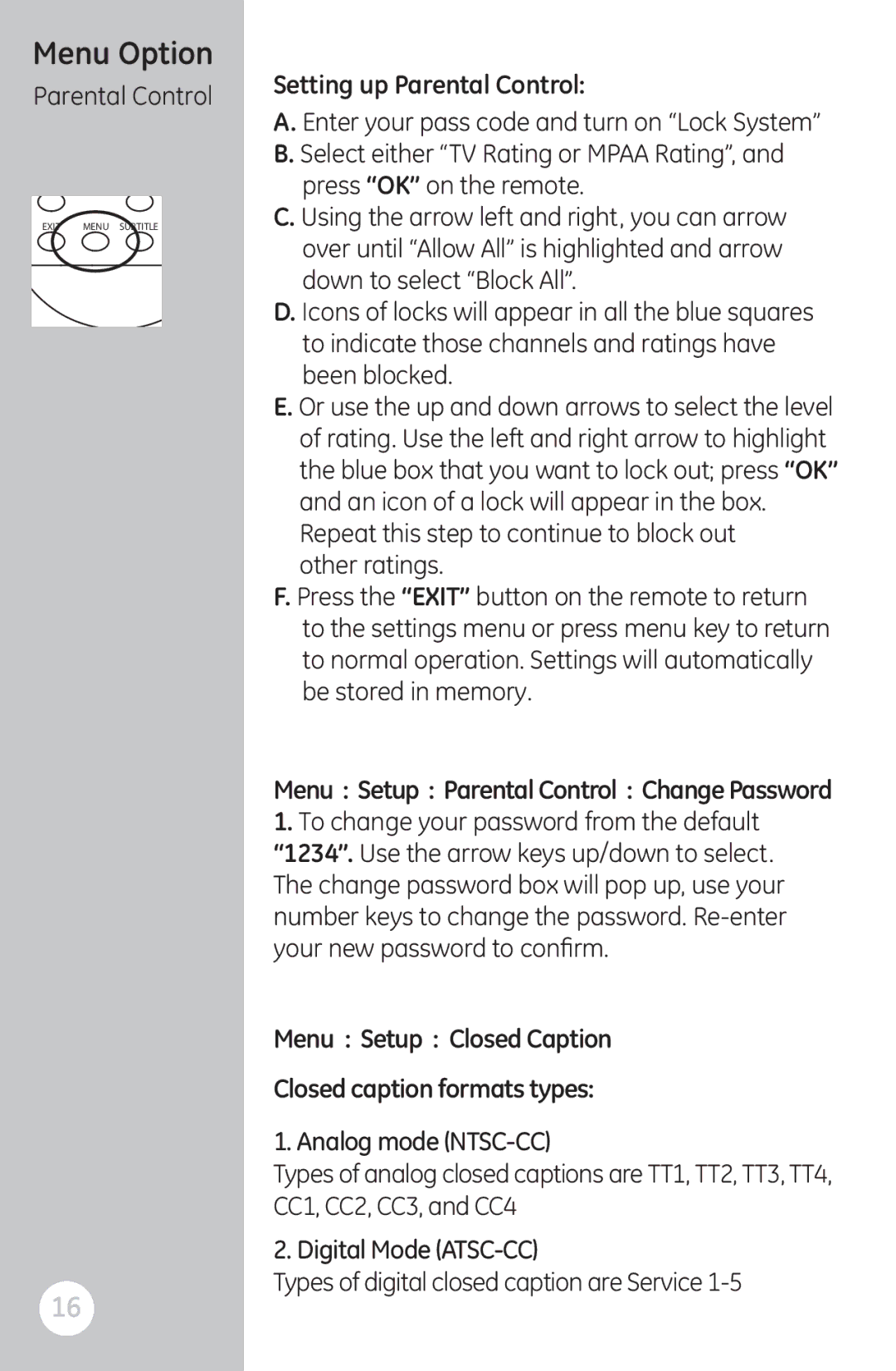 GE 22730 user manual Menu Option, Setting up Parental Control, Menu Setup Closed Caption Closed caption formats types 