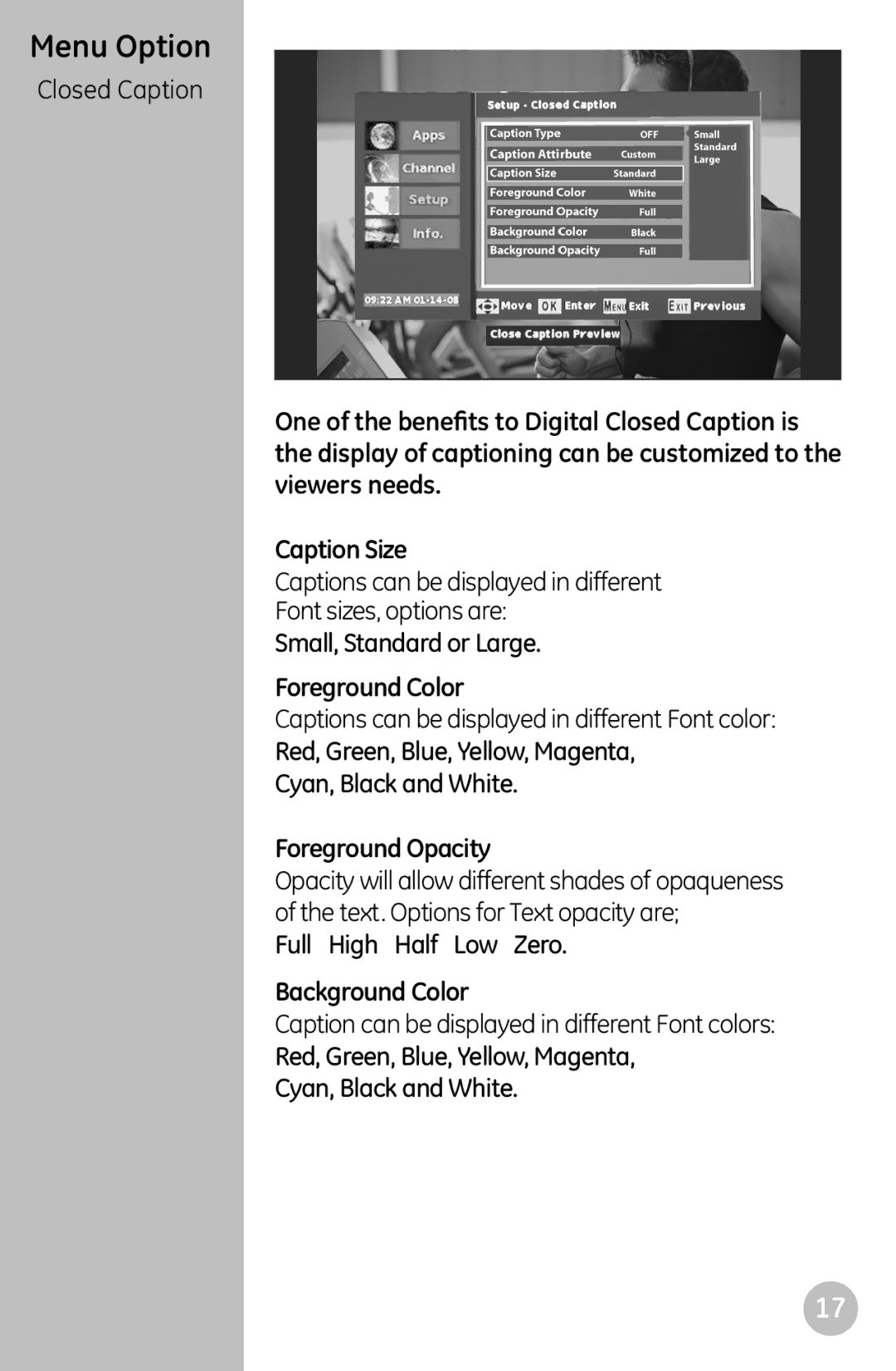 GE 22730 user manual Closed Caption, Foreground Color, Foreground Opacity, Background Color 