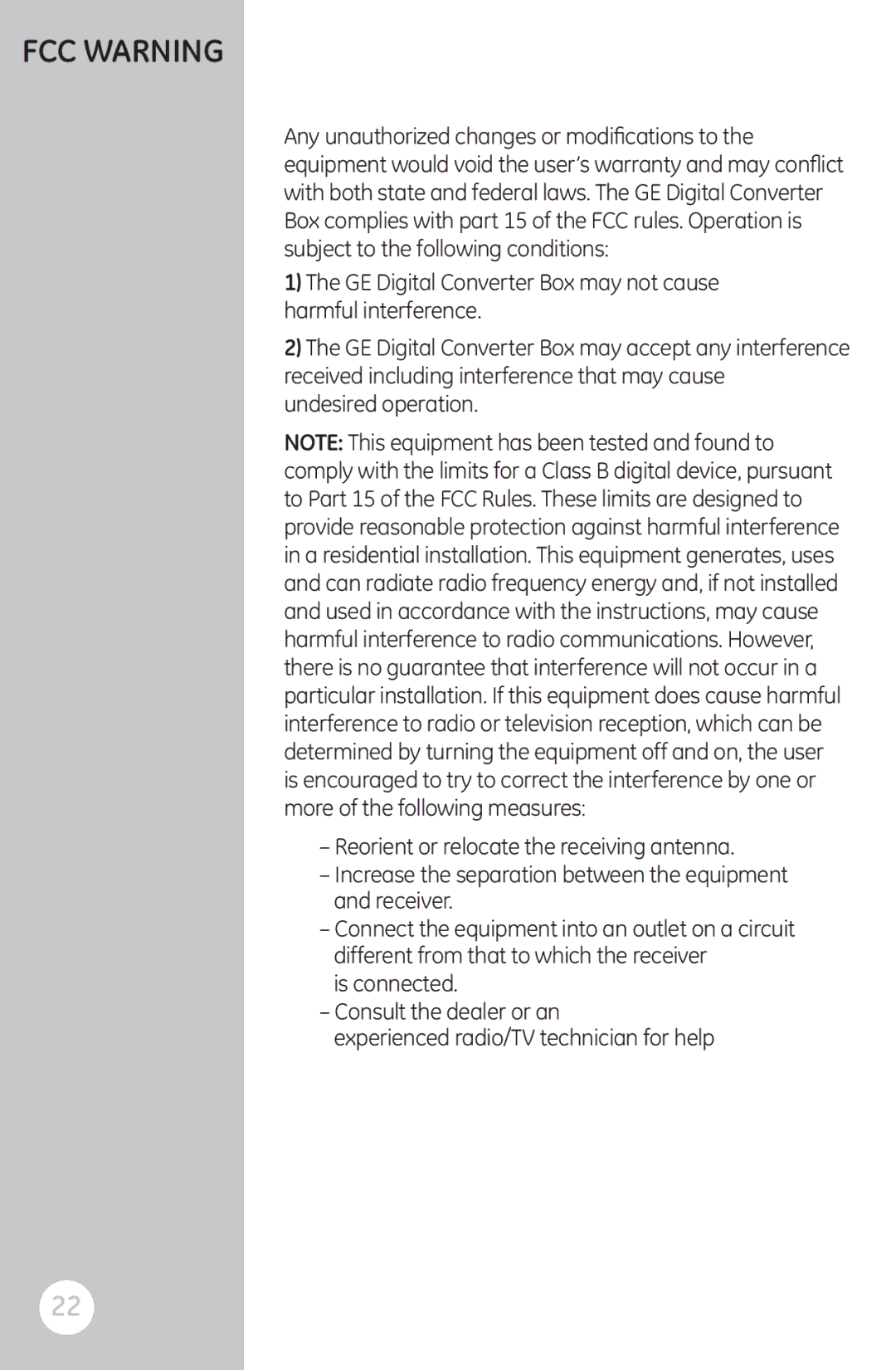 GE 22730 user manual FCC Warning 