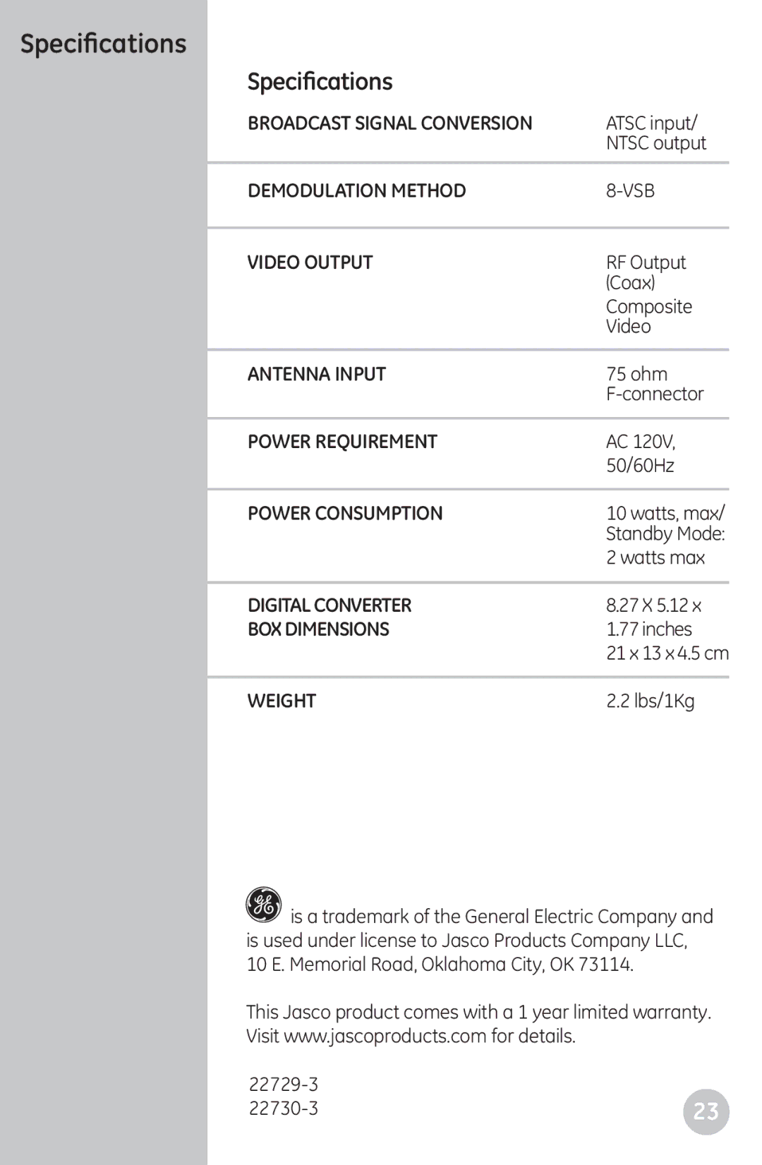 GE 22730 user manual Specifications 