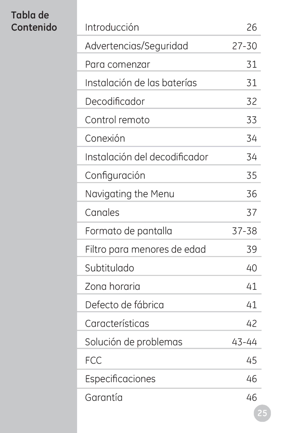 GE 22730 user manual Tabla de Contenido 