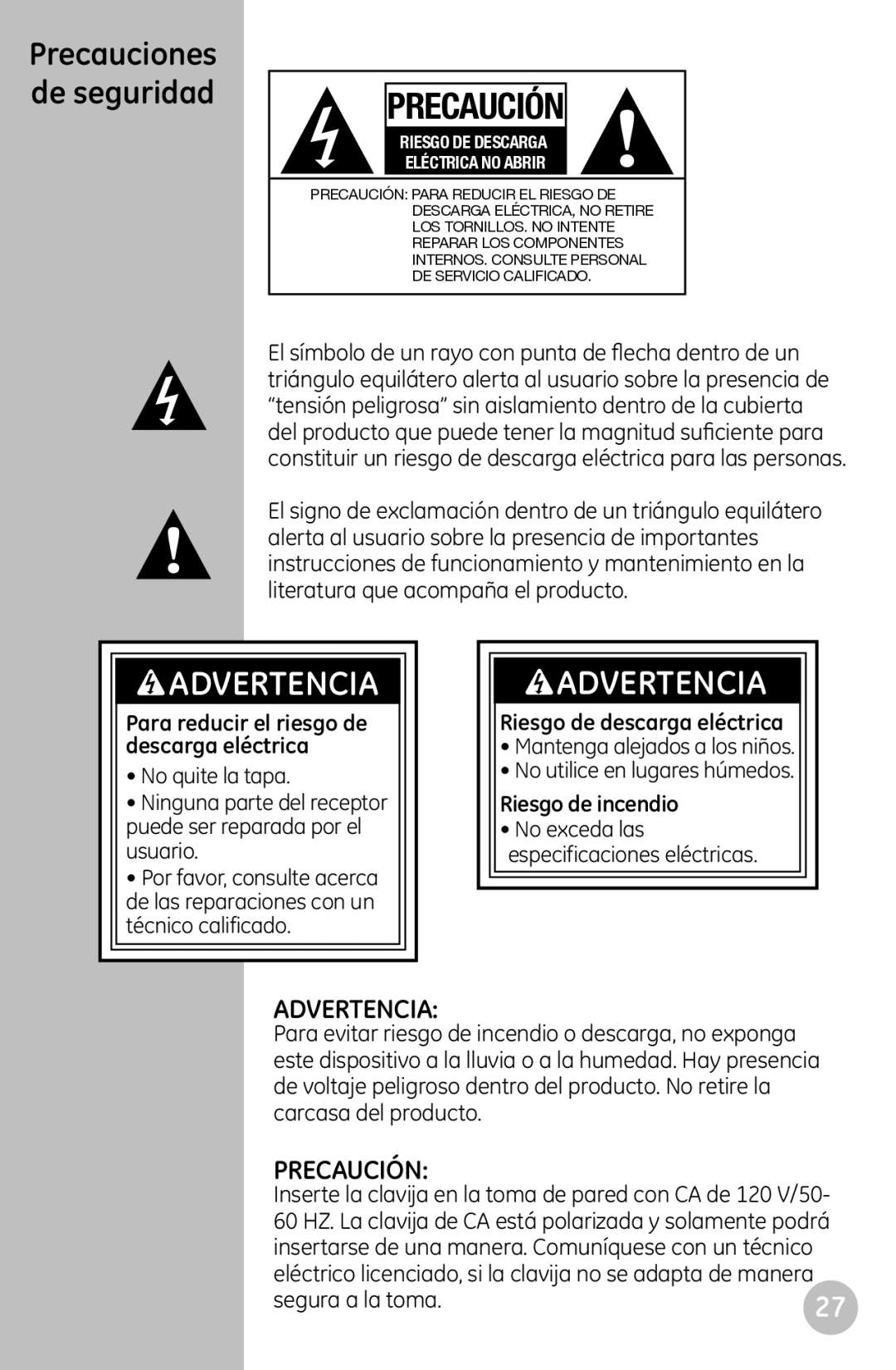 GE 22730 user manual Precauciones de seguridad, Advertencia, Precaución 