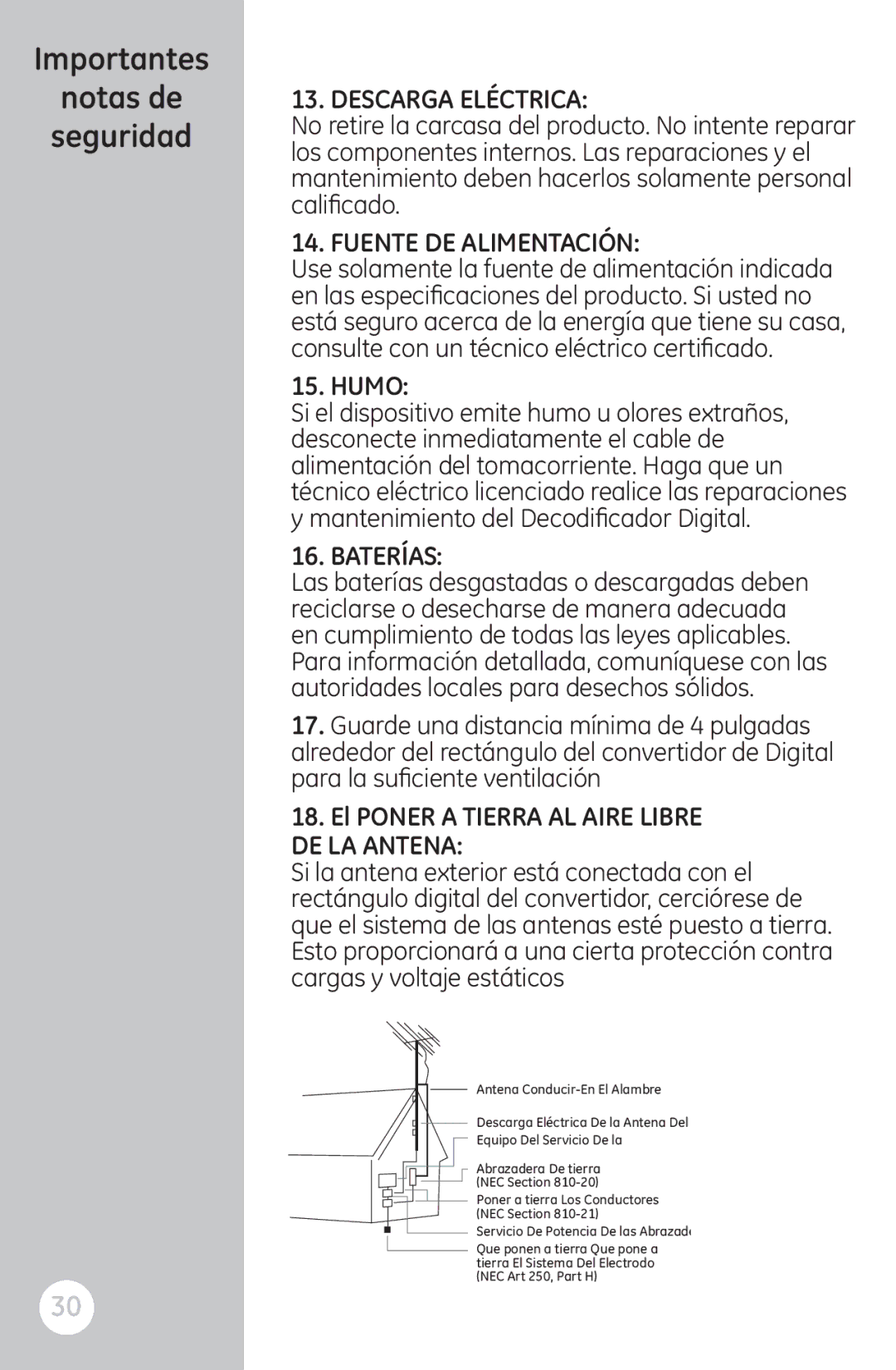 GE 22730 user manual Descarga Eléctrica, Fuente DE Alimentación, Baterías, DE LA Antena 