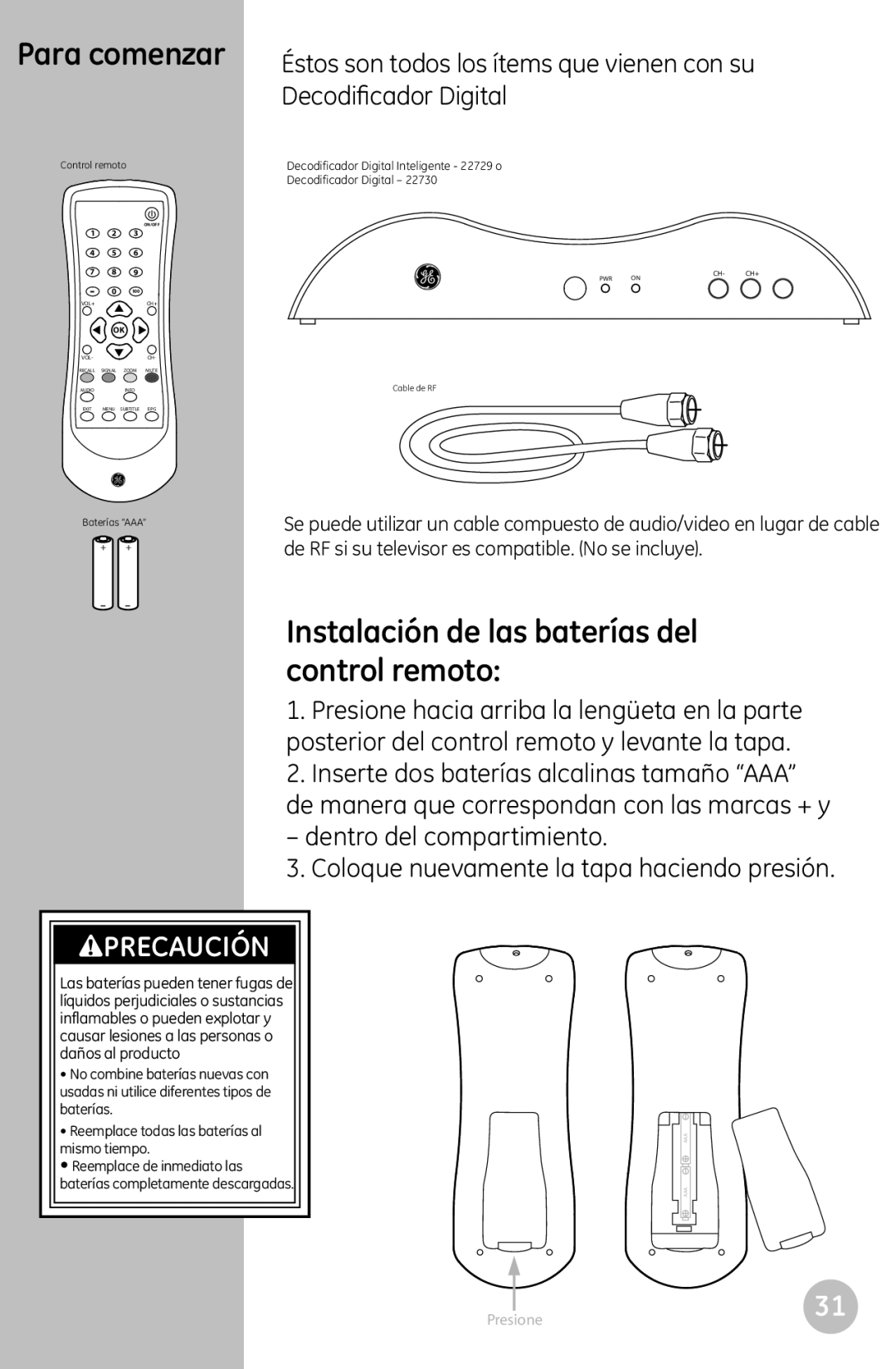 GE 22730 user manual Para comenzar, Instalación de las baterías del control remoto 