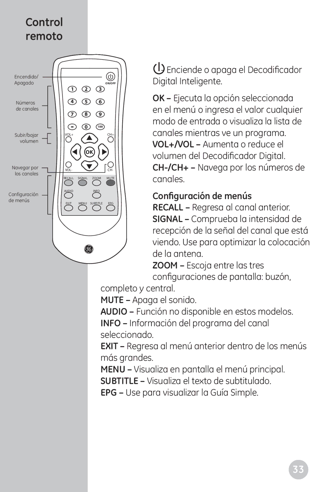 GE 22730 user manual Control remoto, Configuración de menús 