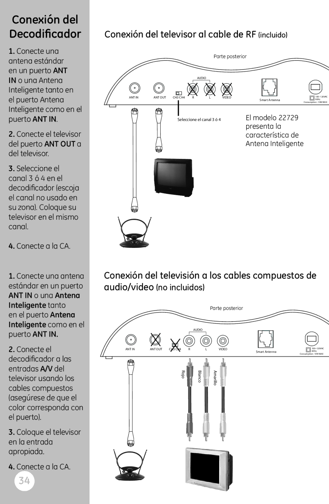 GE 22730 user manual Conexión del Decodificador, Conexión del televisor al cable de RF incluido 