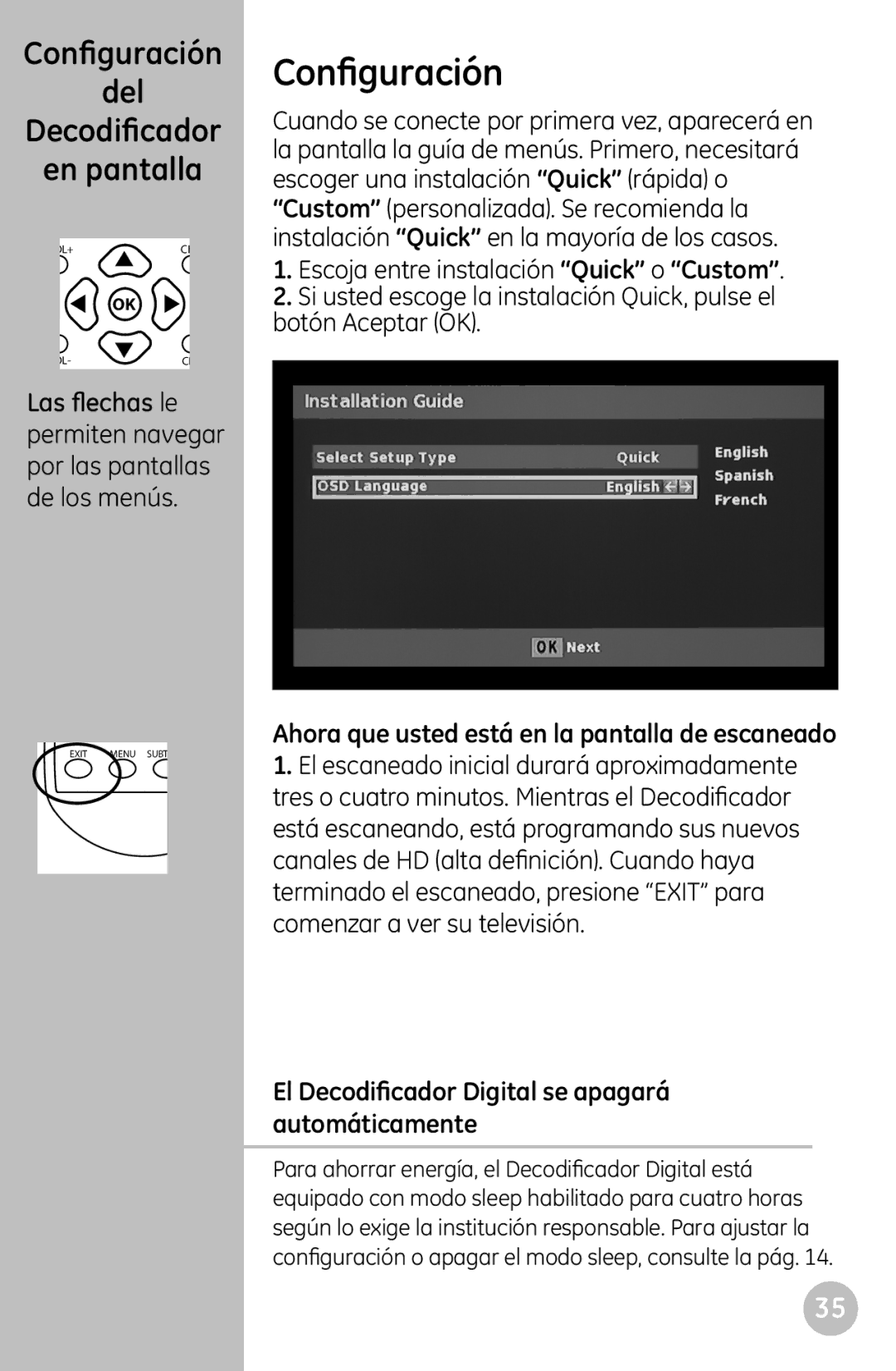 GE 22730 user manual Configuración Del Decodificador En pantalla, Ahora que usted está en la pantalla de escaneado 