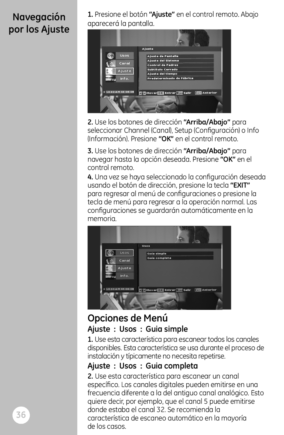 GE 22730 user manual Navegación Por los Ajuste, Opciones de Menú, Ajuste Usos Guia simple, Ajuste Usos Guia completa 