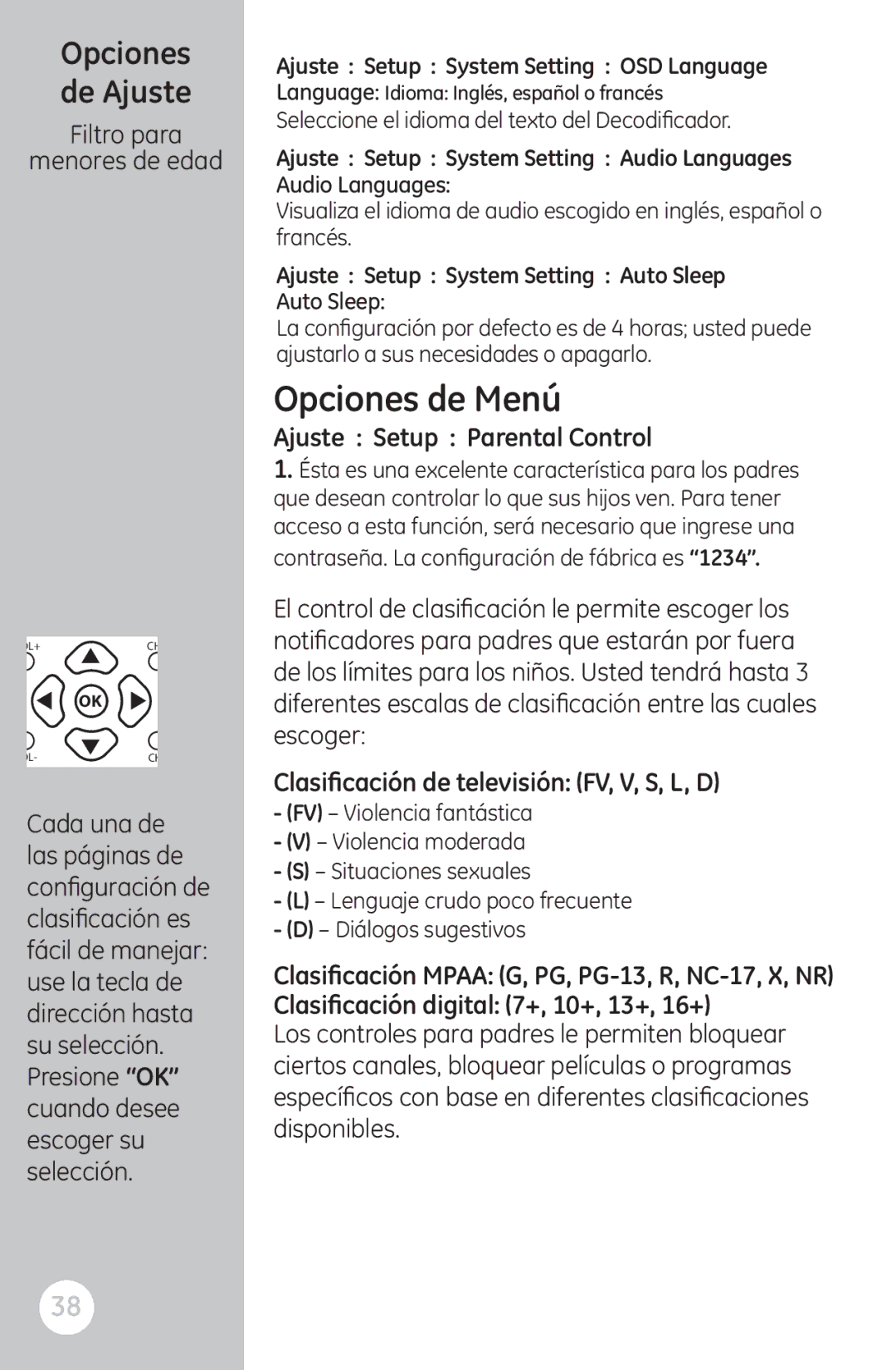 GE 22730 user manual Opciones de Ajuste, Filtro para Menores de edad, Ajuste Setup Parental Control 