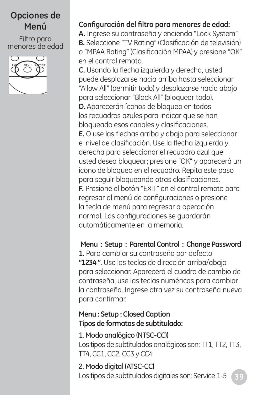 GE 22730 user manual Opciones de Menú, Menu Setup Closed Caption Tipos de formatos de subtitulado 