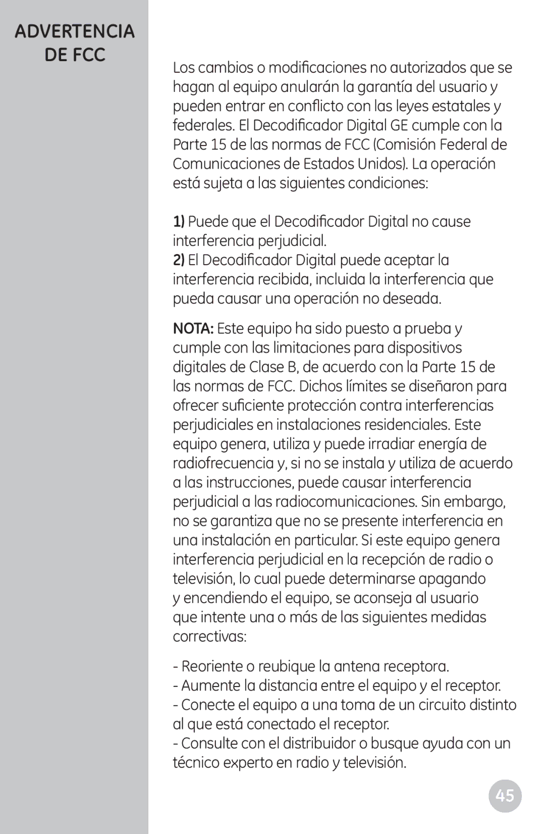 GE 22730 user manual Advertencia DE FCC 