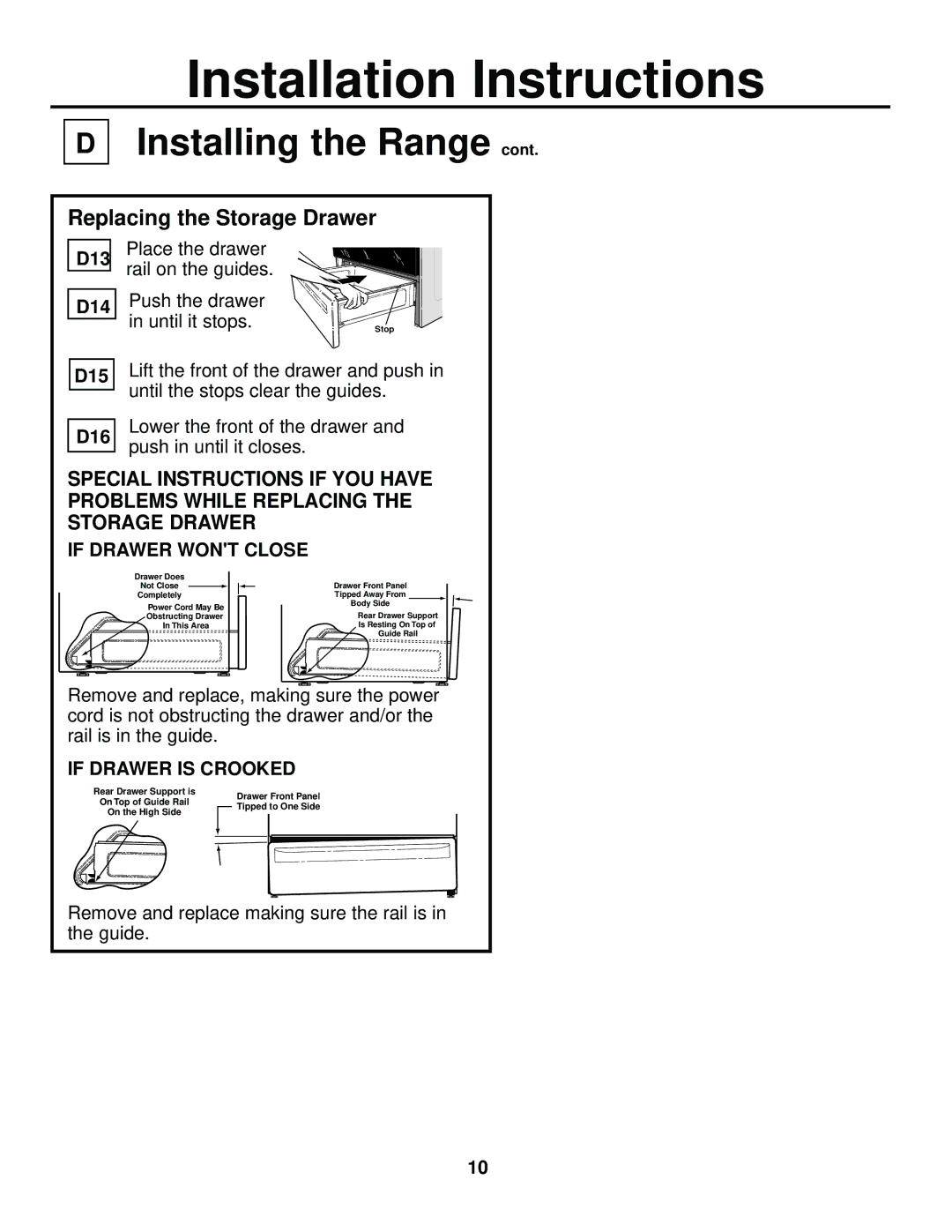 GE 229C4053P447-3 1, 31-10463 Replacing the Storage Drawer, D13 D14, D15 D16, If Drawer Wont Close, If Drawer is Crooked 