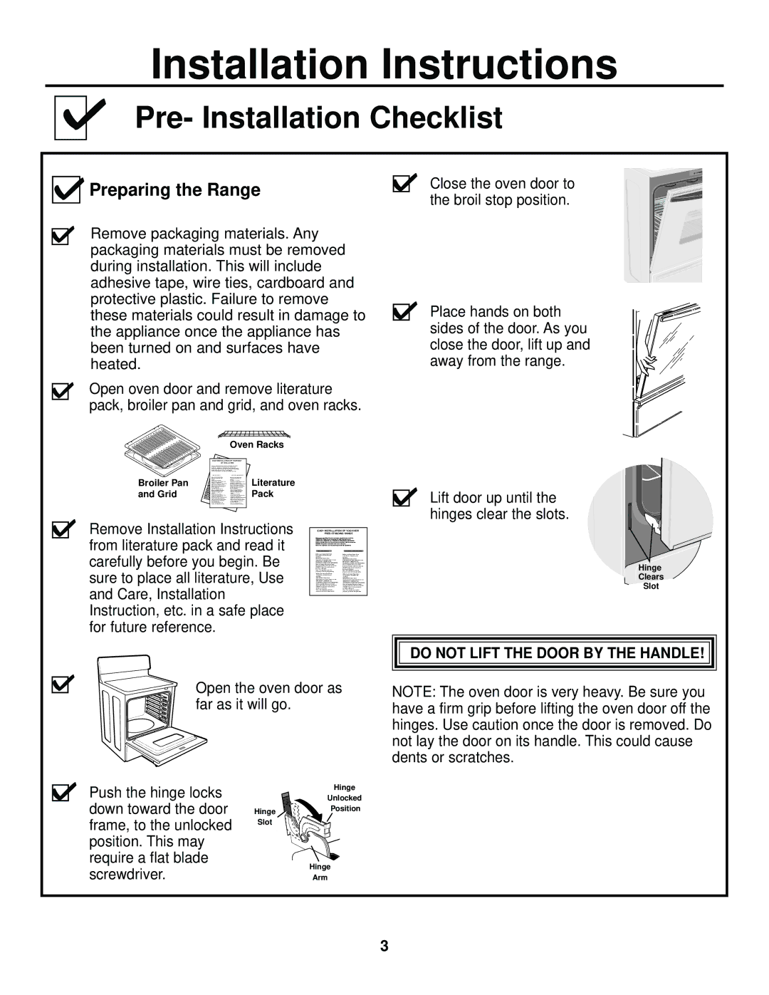 GE 31-10463, 229C4053P447-3 1 Pre- Installation Checklist, Preparing the Range, Do not Lift the Door by the Handle 