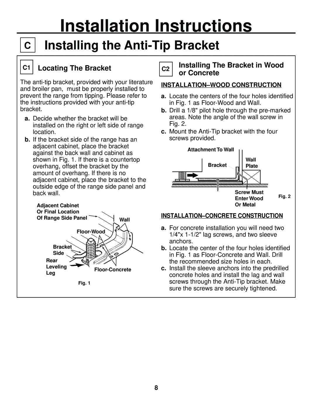 GE 229C4053P447-3 1 Installing the Anti-Tip Bracket, C1 Locating The Bracket, Or Concrete, INSTALLATION-WOOD Construction 