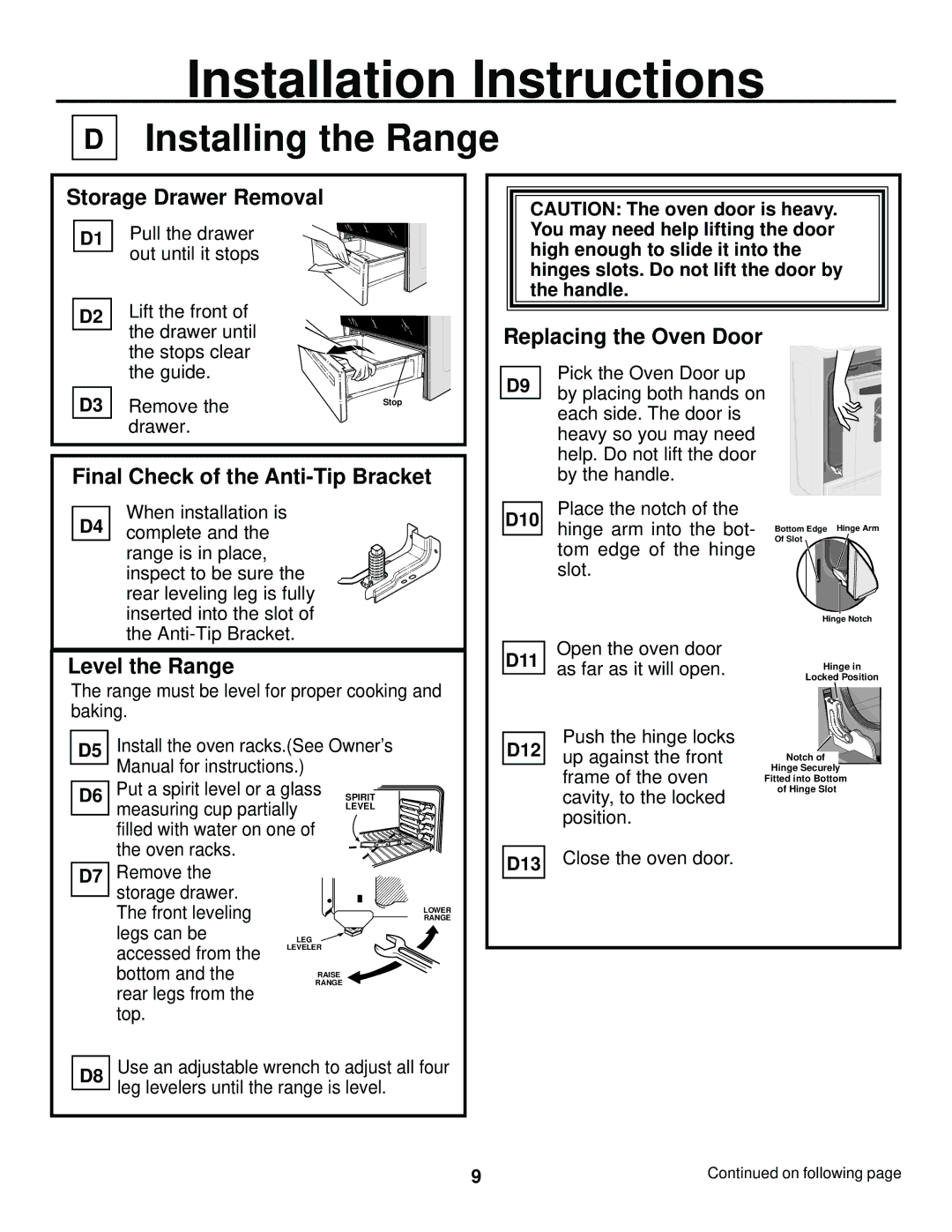 GE 31-10463 Installing the Range, Storage Drawer Removal, Final Check of the Anti-Tip Bracket, Replacing the Oven Door 