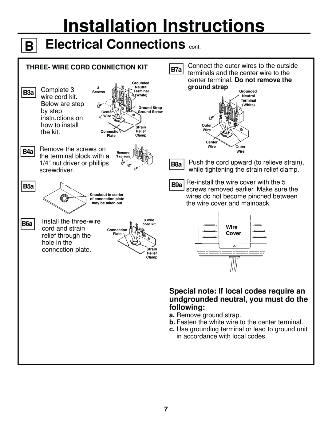 GE 31-10463 Installation Instructions, Electrical Connections cont, Three- Wire Cord Connection Kit, ground strap 