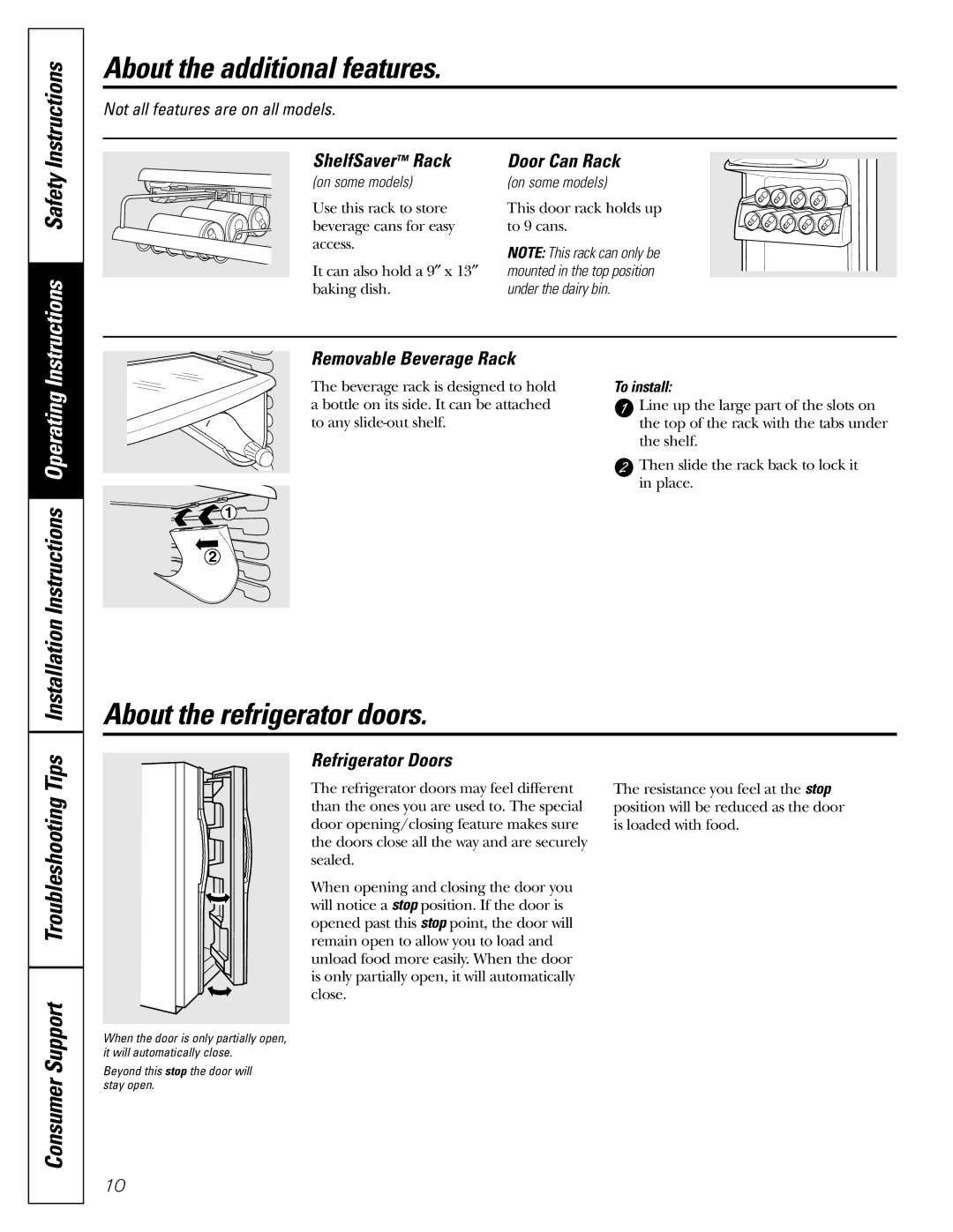 GE 23, 25 About the additional features, About the refrigerator doors, Consumer Support Troubleshooting Tips 