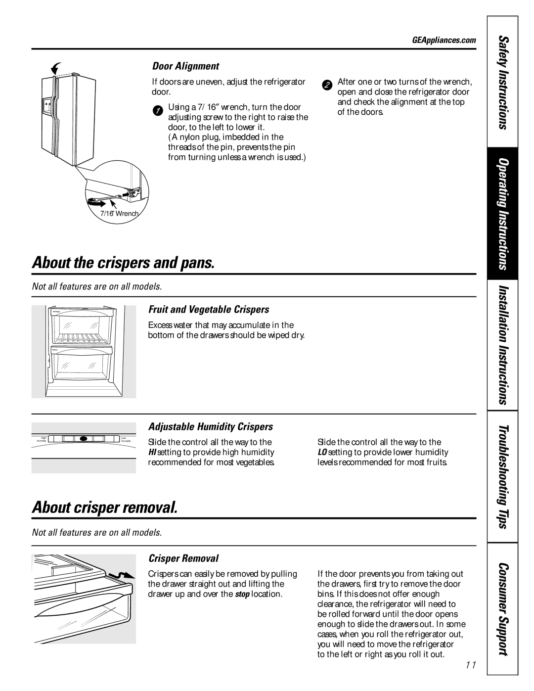 GE 23, 25 operating instructions About the crispers and pans, About crisper removal, Instructions Operating 