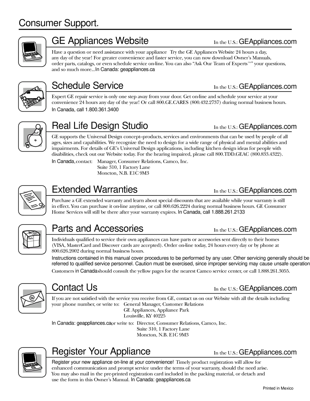 GE 23, 25 operating instructions Consumer Support, Schedule Service 