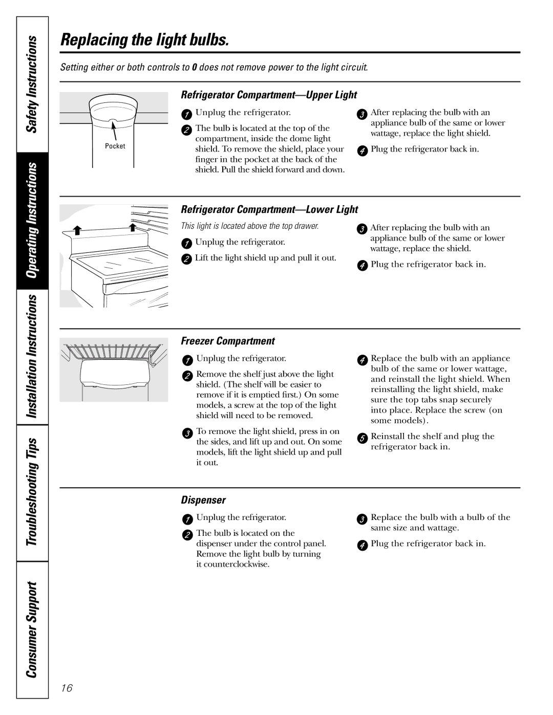 GE 23, 25 operating instructions Replacing the light bulbs, Tips Installation, Consumer Support Troubleshooting 