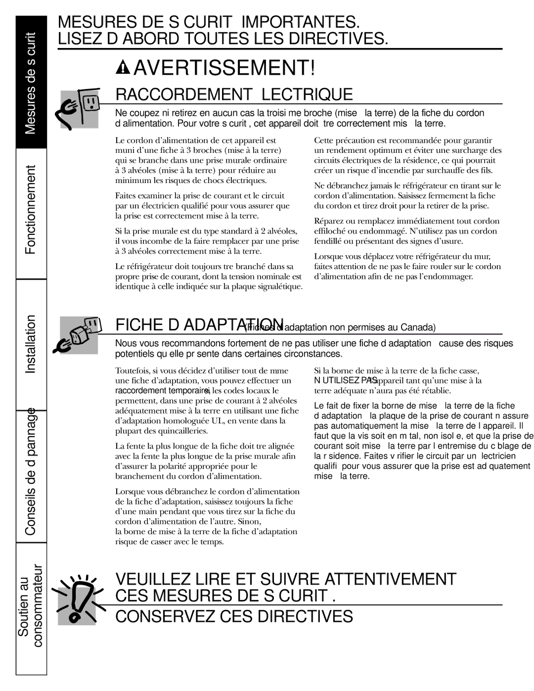 GE 23, 25 operating instructions Raccordement Électrique, Soutien au Consommateur 