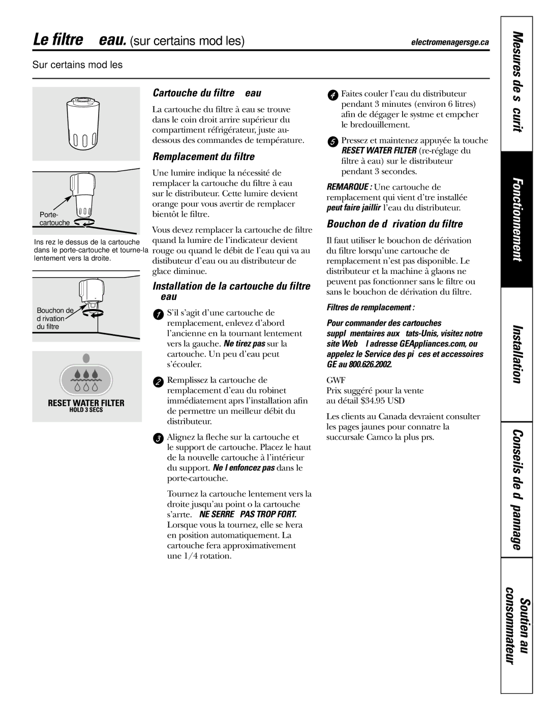 GE 23, 25 operating instructions Sécurité, Installation Conseils de dépannage, Consommateur 