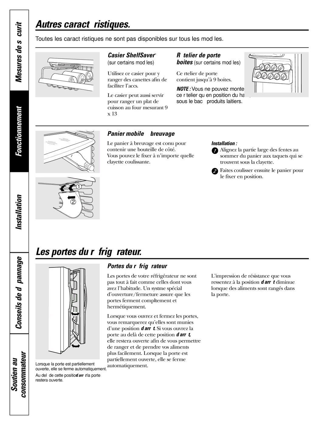 GE 23, 25 operating instructions Autres caractéristiques, Les portes du réfrigérateur, Mesures de sécurité 