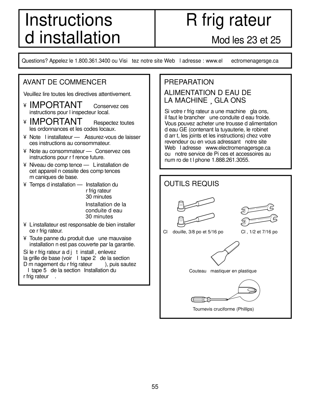 GE 23, 25 operating instructions Avant DE Commencer, ’étape 5 de la section Installation du réfrigérateur 