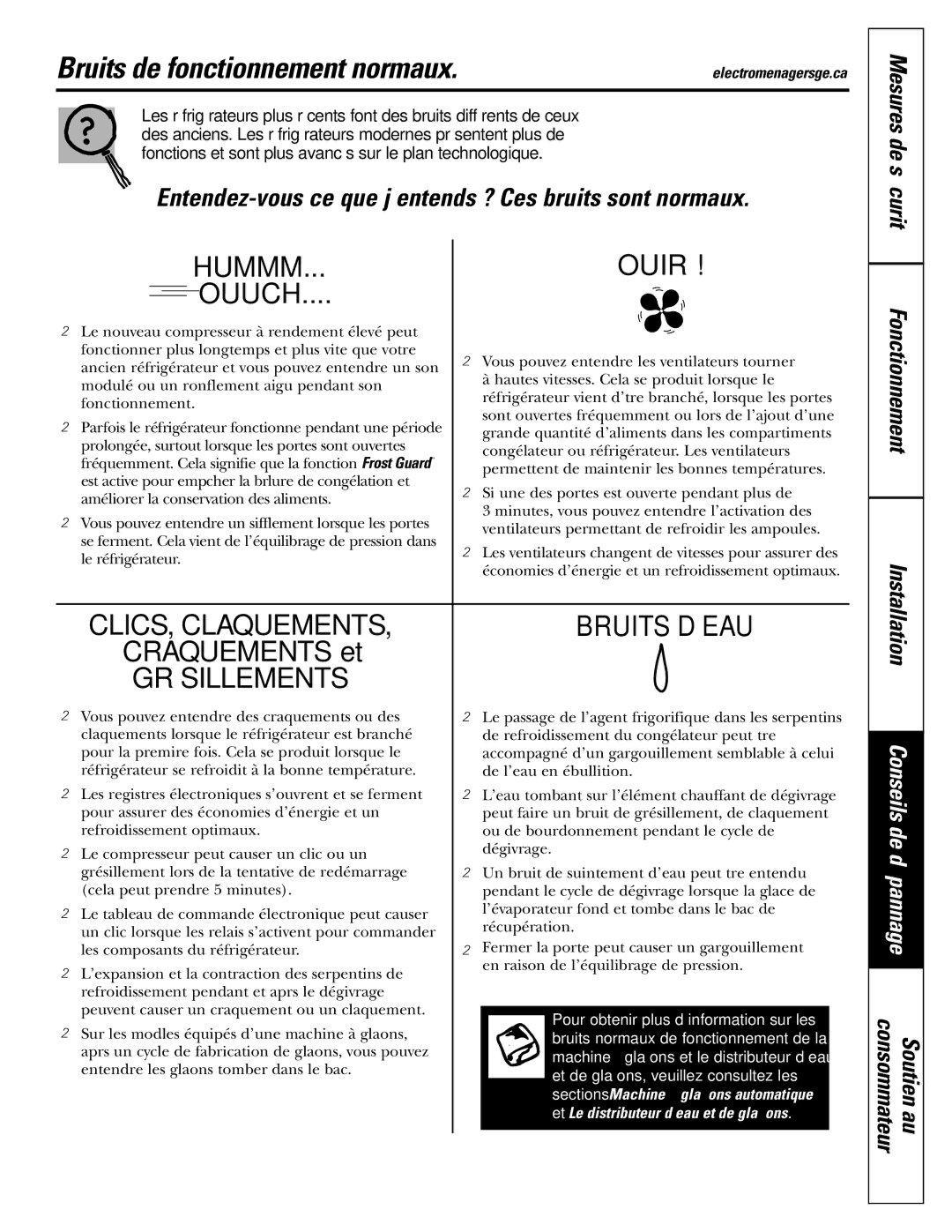 GE 23, 25 operating instructions Bruits de fonctionnement normaux, Mesures de sécurité Fonctionnement Installation 