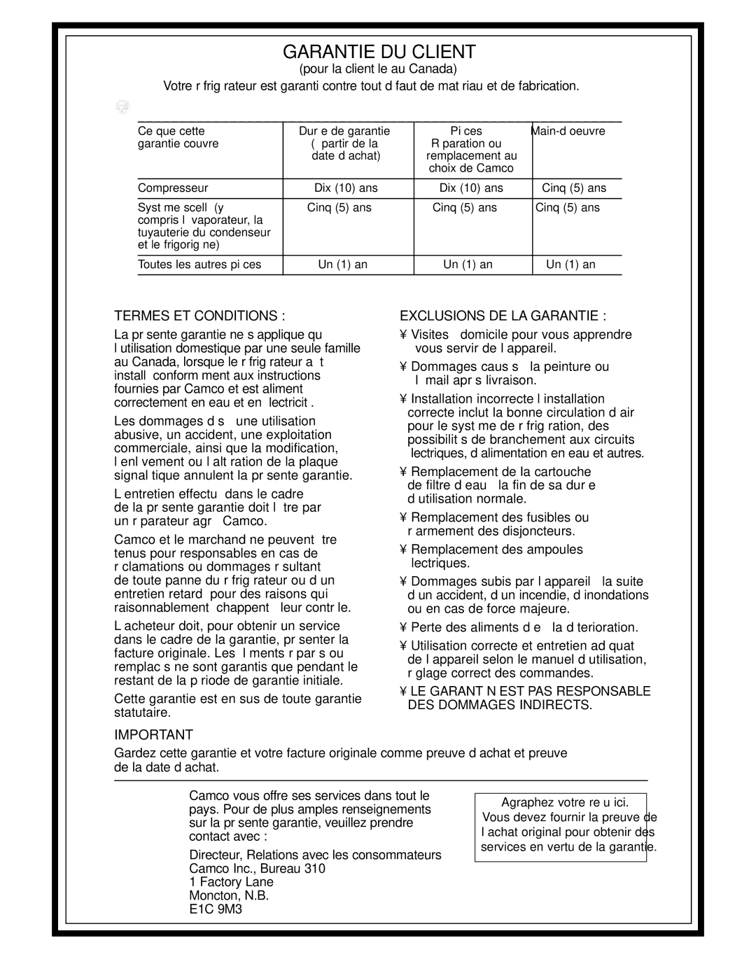 GE 23, 25 operating instructions Garantie DU Client, Agraphez votre reçu ici 