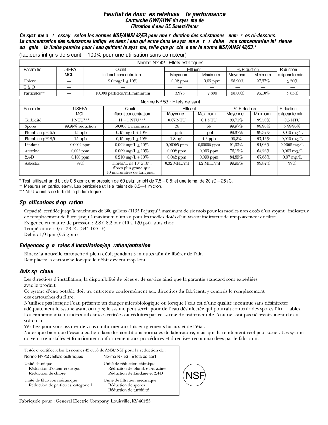 GE 23, 25 operating instructions Feuillet de données relatives à la performance, Spécifications d’opération, Avis spéciaux 