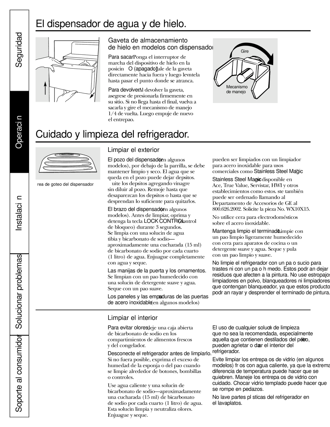 GE 23, 25 El dispensador de agua y de hielo, Cuidado y limpieza del refrigerador, Instalación Solucionar problemas 