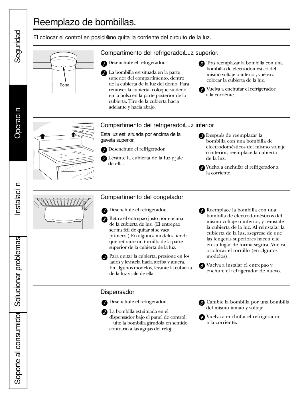 GE 23, 25 Reemplazo de bombillas, Compartimento del refrigerador-Luz superior, Compartimento del refrigerador-Luz inferior 